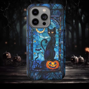 Mosaic Black Cat Phone Case, Stained Glass Effect, Spooky Halloween Pumpkin and Bats, Seasonal Fall Accessories for Samsung, iPhone, Pixel