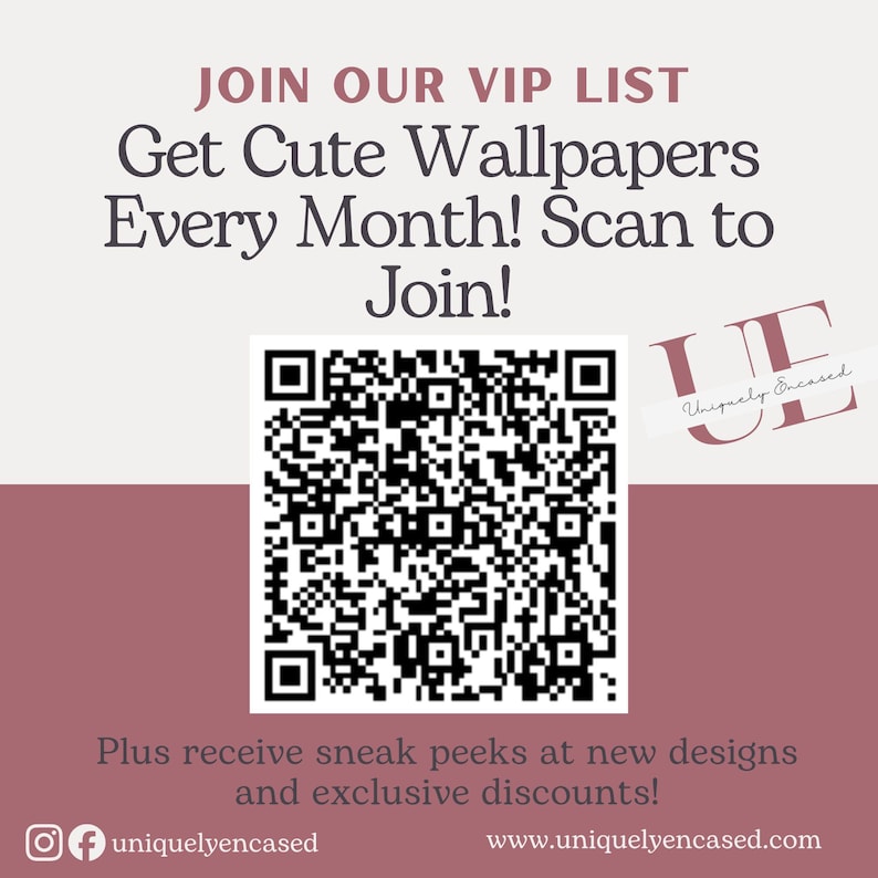 The image is a promotional poster for a VIP list, featuring a QR code and text inviting people to join the VIP list and get cute wallpapers every month. The poster also mentions exclusive discounts and encourages people to share the image on social media.