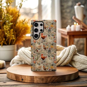 Chicken Phone Case, Cottagecore Floral Roosters, iPhone 13 14 15 16e Pro Max, Samsung S23 S24 FE S25 Plus Ultra, Pixel 8 9a Pro XL