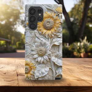 3D Carved Sunflower Phone Case: Elegant Faux Porcelain Design