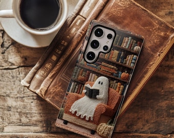 Fall Bookish Phone Case, Ghost Reading a Book, Embroidered Aesthetic iPhone 15 16e 17 Air Pro Max, S23 S24 FE S25 Plus Ultra, Pixel 7 8 9a