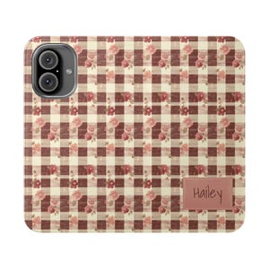 Funda tipo cartera para iPhone, diseño floral a cuadros con nombre personalizado para tarjetas, regalo personalizado, tarjetero personalizado, funda tipo folio de piel vegana
