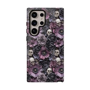 Gothic Floral Skull Phone Case: Moody Purple Spring Flowers