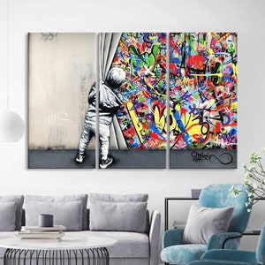 Banksy Graffiti Canvas, Behind the Curtain Banksy, Martin Watson Artwork, Street Art, Graffiti Wall Art Canvas, Banksy Art  ready to hang