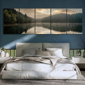 Foggy morning lake extra large canvas, foggy lake, foggy forest, yoga meditation print ready to hang