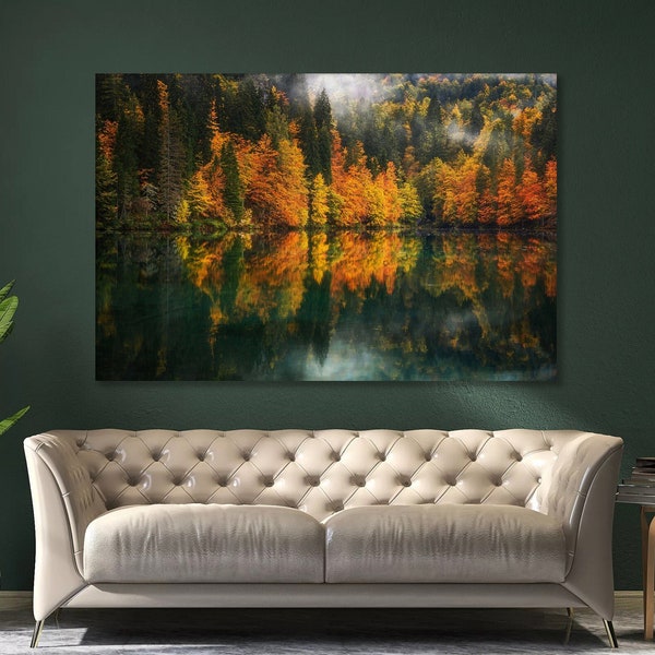 Fall Landscape PHOTOGRAPHY PRINT Lake Forest Vibrant Colorful Autumn Scenery Warm Calming Serene Rustic Cottage Decoration