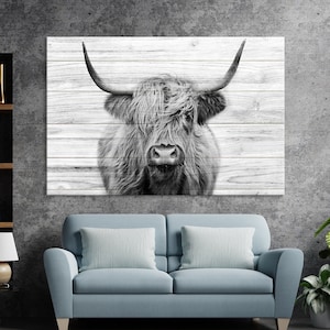 Highland Cow Canvas Print Highland Cow Black and White Canvas Hairy cow  Wall Decor ready to hang