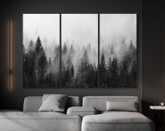 Foggy Forest Canvas Wall Art, Nature Wall Art, Misty black and white Forest Print, Modern Home Decor ready to hang