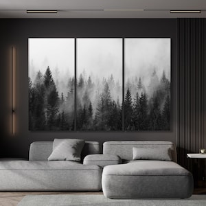 Foggy Forest Canvas Wall Art, Nature Wall Art, Misty black and white Forest Print, Modern Home Decor ready to hang