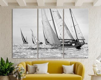 Sailboat Yacht Regatta canvas wall art Yacht wall decor Seascape Art Sailing Ship Black White extra large wall art ready to hang