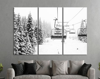 Snow Covered Spruce Trees,  Ski Lift Wall Art, Mountain Art Print, Ski lift Canvas, Skier Gift, Mountains, Black White