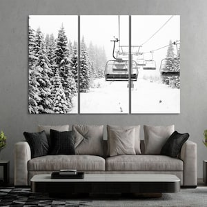 Snow Covered Spruce Trees,  Ski Lift Wall Art, Mountain Art Print, Ski lift Canvas, Skier Gift, Mountains, Black White