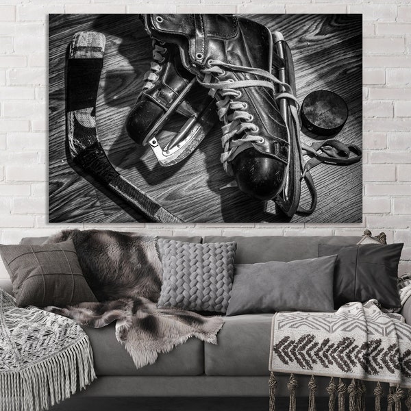 Ice Hockey print  Hockey Art  Ice Hockey Canvas Wall Art  Old pair of mens skates with puck and stick ready to hang