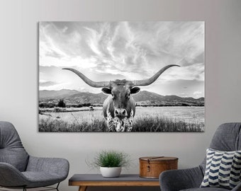 Longhorn cow canvas Texas longhorn art Longhorn canvas print Farmhouse decor Wild west Longhorn wall decor