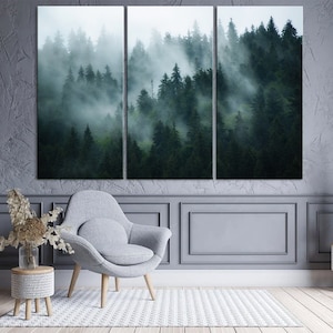 Green Forest extra large wall art, Pine Trees forest large canvas art, Foggy forest wall decor landscape Misty forest Foggy landscape