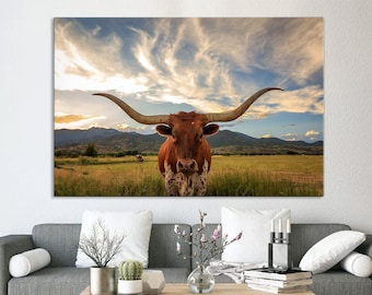 Longhorn cow canvas Texas longhorn art Longhorn canvas print Farmhouse decor Wild west Longhorn wall decor