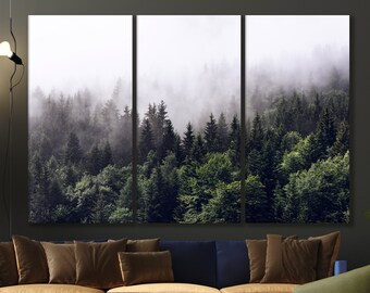 Foggy Pine Forest Canvas Wall Art, Nature Wall Art, Misty Green Forest Print, Modern Home Decor ready to hang  ready to hang