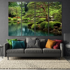 Zen Lakeside Bonsai Trees Wall Art Japanese garden Meditation print  Yoga decor  Bosnay print  Relaxation gift canvas ready to hang