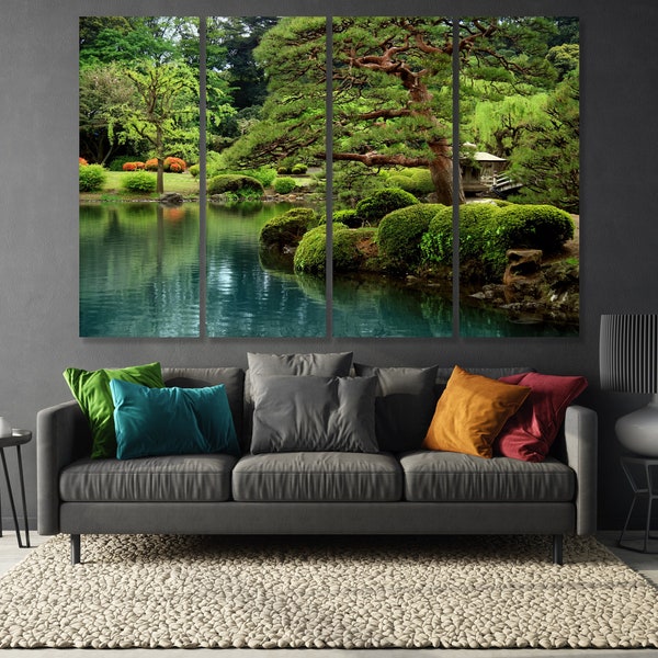 Zen Lakeside Bonsai Trees Wall Art Japanese garden Meditation print  Yoga decor  Bosnay print  Relaxation gift canvas ready to hang