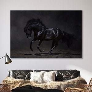 Black Horse Print on Canvas, Horse Canvas Print Art, Farmhouse decor, Horse Canvas Wall Art, Black Horse Poster, Black white ready to hang