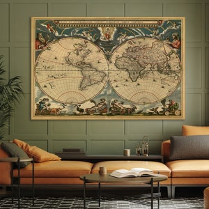 Toile de carte du vieux monde, art vintage de toile de carte du monde, toile de carte du vieux monde, art de toile de carte vintage prêt à accrocher