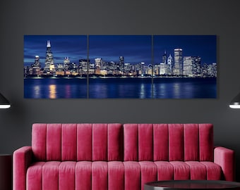Chicago skyline  print  Night city canvas wall art Chicago Night  ready to hang