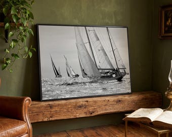 Black White Sailboat Regatta Canvas Wall Art, Yacht Seascape Sailing Ship Decor