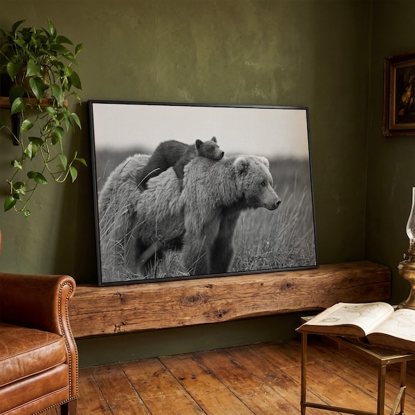 Brauner Bär auf Leinwand, Kunst Schwarz Weiß, Bild fürs Kinderzimmer