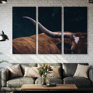 Texas Longhorn Cow Canvas Wall Art, Framed Cow Print Home Decor Wall Art, Farmhouse Decor, Animal Print For Office, Wild West