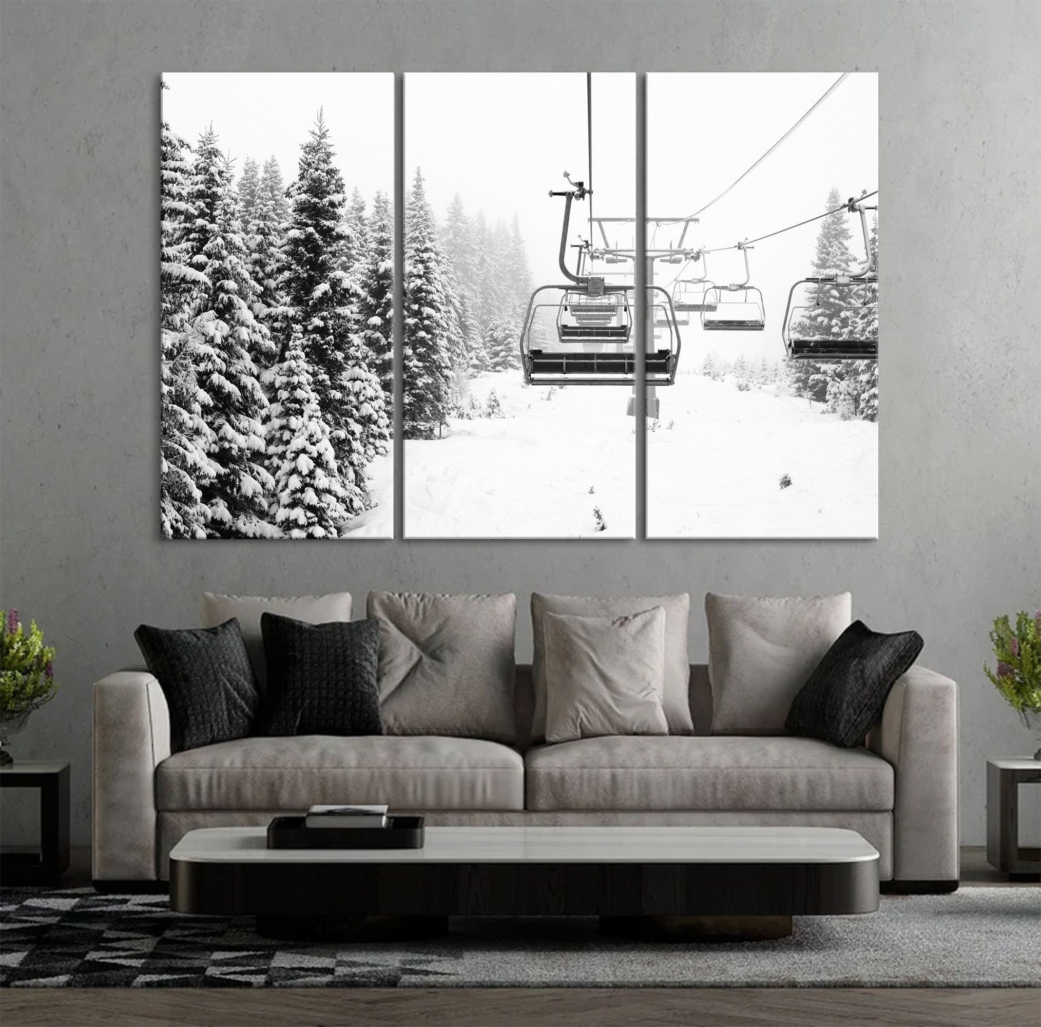 Snow Covered Spruce Trees,  Ski Lift Wall Art, Mountain Art Print, Ski lift Canvas, Skier Gift, Mountains, Black White