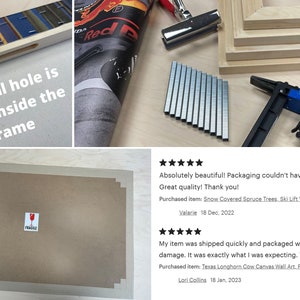 Op de afbeelding: Een close-up van een houten frame met een speciaal gat om canvas art op te hangen. Het frame is gemaakt van natuurlijk hout en heeft een lichtbruine afwerking. De afbeelding toont ook een nietmachine, nietjes en een bruine kartonnen doos met een "breekbaar" label.