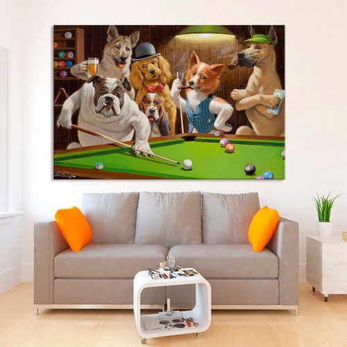 Dogs Playing Pool Bar Decor Retro Billiard Playing Dogs Etsy