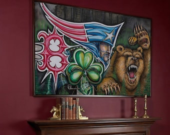 May include: A framed artwork with a bold, stylized illustration. The artwork depicts a bear, a skull with a shamrock, and a figure with a star on their hat. The colour scheme includes red, blue, green, and brown tones, with a cityscape in the background.