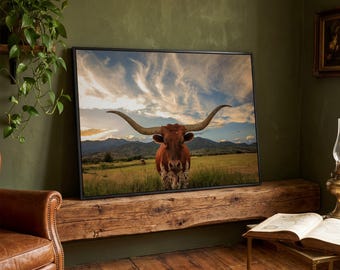 Toile vache à longues cornes : décoration murale ferme du Texas, Far West (prête à accrocher)