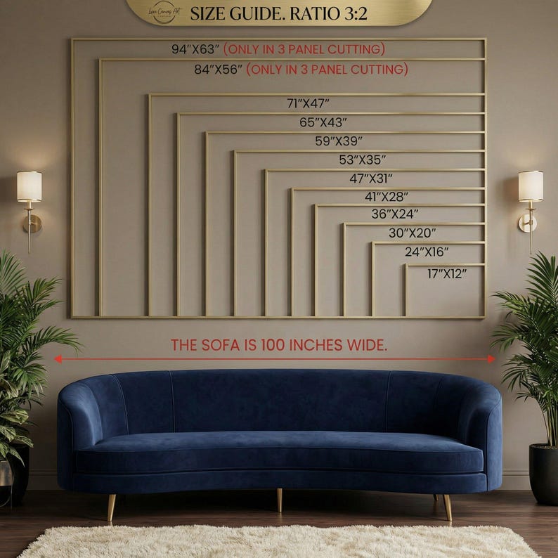 May include: A navy blue sofa with gold legs is positioned below a wall display of rectangular frames in varying sizes. The frames are arranged in a descending order, with dimensions listed in inches. Text at the top reads "SIZE GUIDE. RATIO 3:2". The sofa is 100 inches wide.