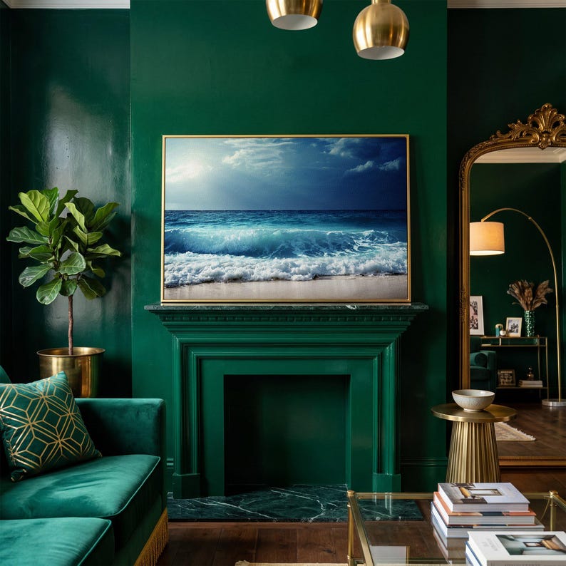 Ocean Wave Canvas Print: Nautical Sea Landscape Wall Art (Ready to Hang) Yellow Gold Frame