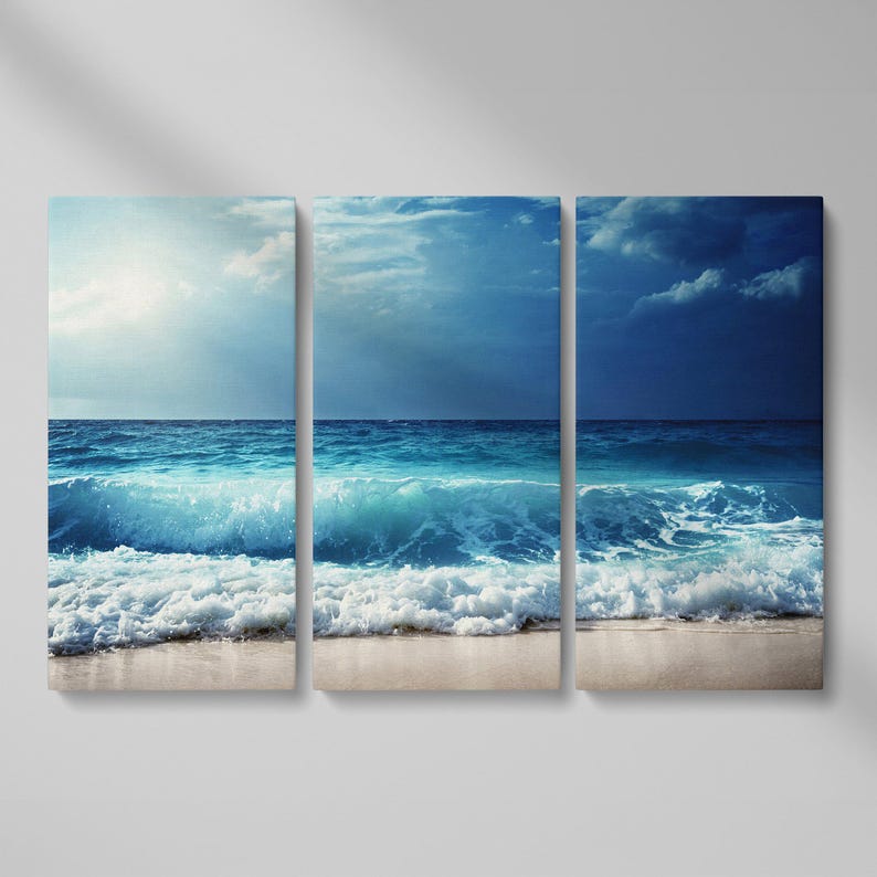 Ocean Wave Canvas Print: Nautical Sea Landscape Wall Art (Ready to Hang) 3 Panel Cutting