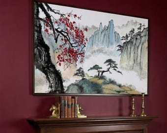 Japan Landscape Canvas Art: Sakura Cherry Blossom Painting, Traditional Wall Print
