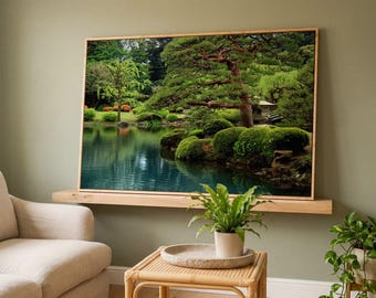 Zen Lakeside Bonsai Trees Canvas Wall Art: Japanese Garden Meditation Print, Ready to Hang