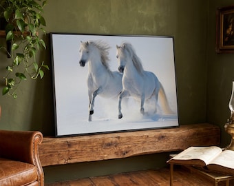 White Horses Running Canvas Wall Art, Modern Horse Decor, Ready to Hang Print