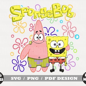 Puede incluir: Diseño digital con los personajes Bob Esponja y Patricio Estrella. Bob Esponja es amarillo y Patricio es rosa, ambos sonriendo. La palabra "SpongeBob" está en letras de burbujas amarillas arriba. El diseño incluye coloridos acentos de flores y burbujas.