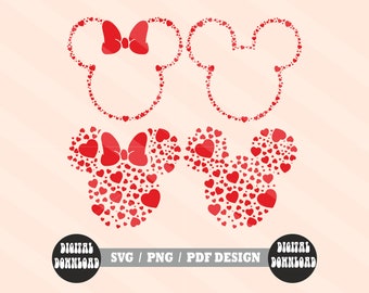 Könnte beinhalten: Rote herzförmige Umrisse von Mickey- und Minnie-Maus-Köpfen. Die Umrisse sind mit kleineren roten Herzen gefüllt. Der Minnie-Maus-Umriss hat eine rote Schleife oben.