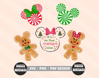 Mickey - minniee Christmas - Peppermint Swirl Ears and Gingerbread Cookie Svg, Mouse Gingerbread svg, Mouse Head Svg, Christmas 2022 Svg