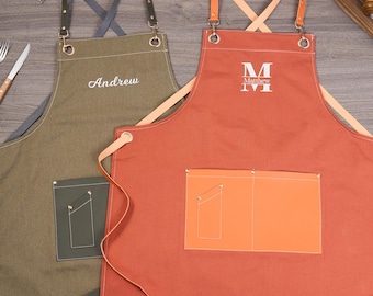 Personalized Canvas Work Apron: Embroidered with Leather Straps for Men/Women