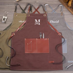 Personalized Canvas Apron with Leather Straps: Embroidered Men's Work Apron image 1