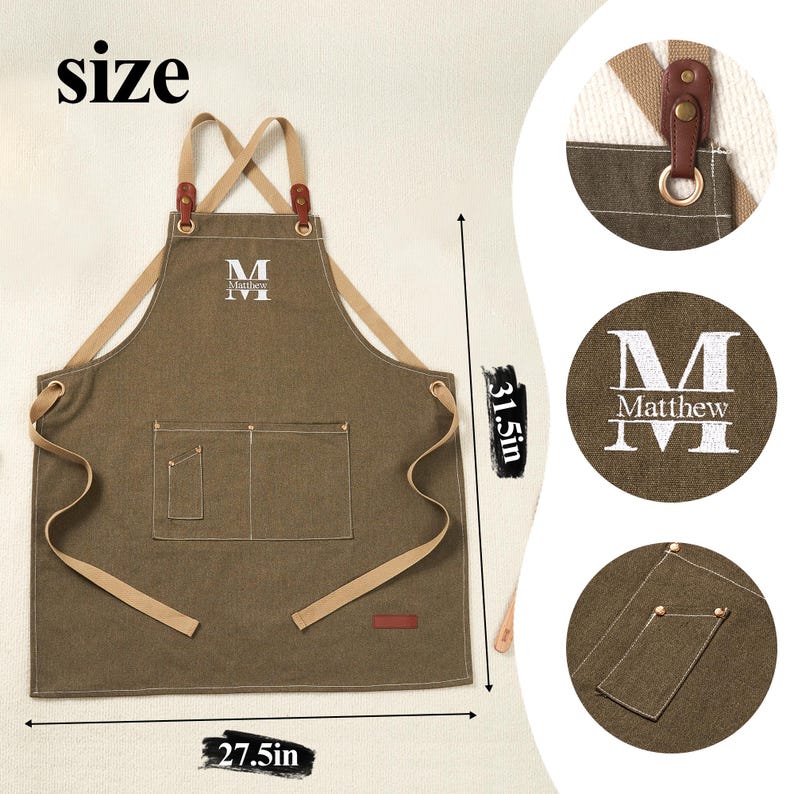 May include: A brown apron with tan straps and pockets. The apron is 70 cm wide and 80 cm long. The apron has the letter "M" and the name "Matthew" printed on it. The apron has a leather strap detail.