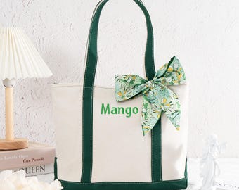 Embroidered Canvas Tote Bag with Ribbon, Personalized Initial Tote, Bridesmaid Gift