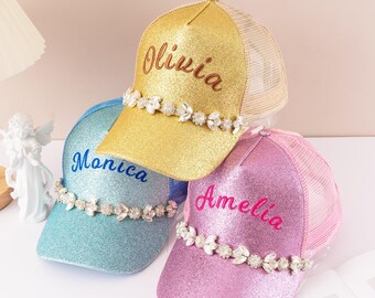 Personalized Glitter Baseball Hat, Embroidered Name Sparkling Cap, Summer Sun Hat for Her