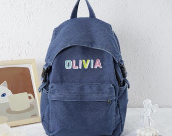 Personalized Denim Toddler Backpack: Embroidered Name, Retro Style