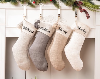 Personalized Burlap Christmas Stocking: Embroidered Name, Tassel Detail